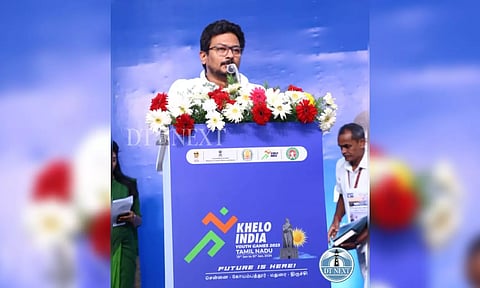 Tamil Nadu Sports Minister Udhayanidhi Stalin speaking during the canter flag-off ceremony for Khelo India Youth Games. (Photo credit: Hemanthan M)