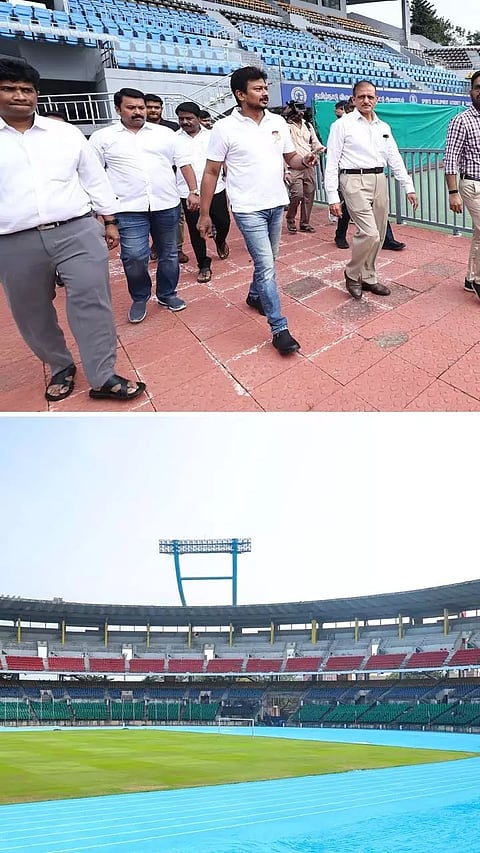 Udhayanidhi inspects laying of Synthetic Athletic Track at Nehru Stadium which will host the upcoming Khelo India Youth Games 2023.