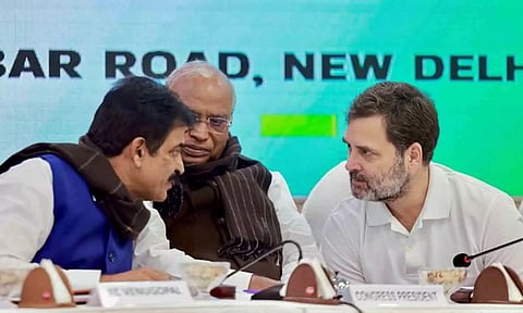 &nbsp;KC Venugopal, Mallikarjun Kharge, and Rahul Gandhi (ANI)