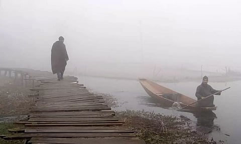 A boatman rows his boat on Dal Lake amid dense fog, in Srinagar. (PTI)