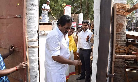 Minister P Moorthy inspecting the vaadivaasal at Avaniyapuram jallikattu venue in Madurai on Sunday