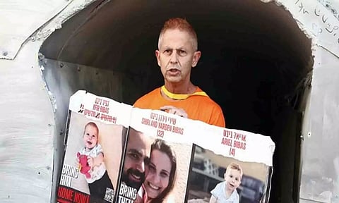 Outside a mock terror tunnel at Tel Aviv's "Hostage Square" (TPS)
