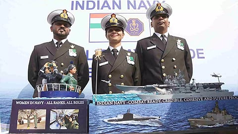 Indian Navy officials with the model of Navy's Tableaux for Republic Day Parade (Photo/ANI)