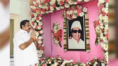 General Secretary of the AIADMK Edappadi K Palaniswami paid floral tribute to the statue of party founder and former chief minister M G Ramachandran&nbsp;