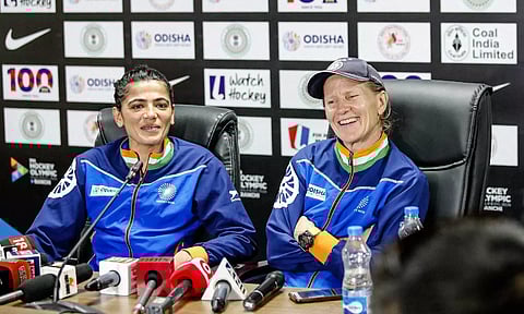 Savita Punia and coach Janneke Schopman during press conference ahead of the clash against Germany