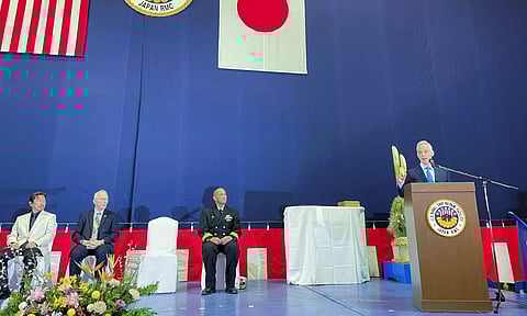 U.S. ambassador to Japan Rahm Emmanuel speaks at a U.S. naval ship repair facility in Yokosuka