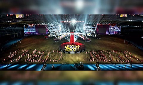 Fireworks illuminate the sky on the inaugural day of the Khelo India Youth Games at Jawaharlal Nehru Stadium