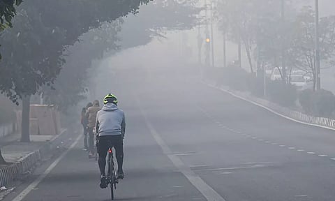 A cyclist rides through the fog on a winter morning in New Delhi. (PTI)