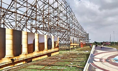 Seating arrangements being made at the conference venue in Tiruchy