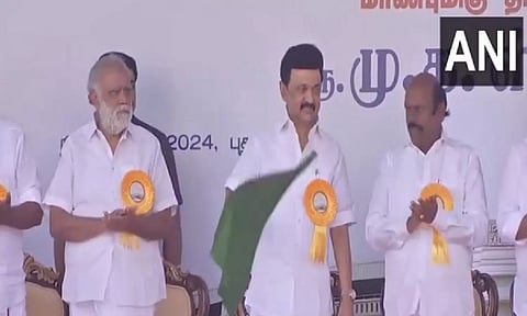 Tamil Nadu Chief Minister MK Stalin flags off the Jallikattu event (Photo: ANI)