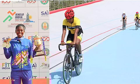 Srimathi poses with her KIYG medals; Tamilarasi in action during the Keirin