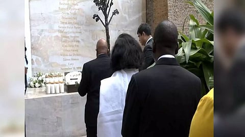 UNGA President Dennis Francis lays wreath at 26/11 Memorial in Taj Hotel (Photo/ANI)