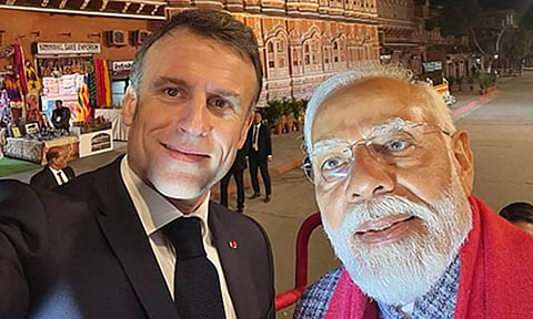 French President Macron with Prime Minister Narendra Modi in Jaipur. (X/@EmmanuelMacron)