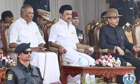 TN Guv RN Ravi, Chief Minister MK Stalin and Speaker Appavu in the 75th Republic Day celebrations ( Photo credit: Manivasagan N)