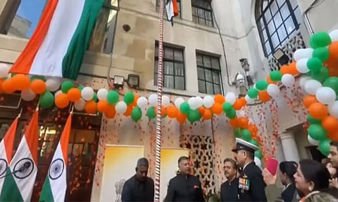 Indian envoy Vikram Doraiswami, unfurls the Tricolour at the Indian Embassy in London (ANI)