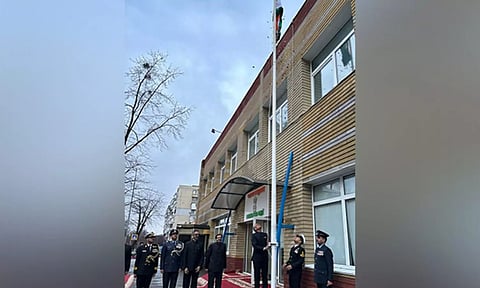 Ambassador Harsh Jain unfurls the Tricolour at the Embassy premises in Kyiv (ANI)