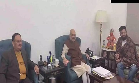 Chirag Paswan with Union Home Minister Amit Shah and BJP president JP Nadda (Photo/ANI)