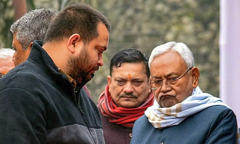 Bihar Chief Minister Nitish Kumar with Deputy Chief Minister Tejashwi Yadav during a programme organised on the birth anniversary of Netaji Subhas Chandra Bose in Patna on Tuesday.