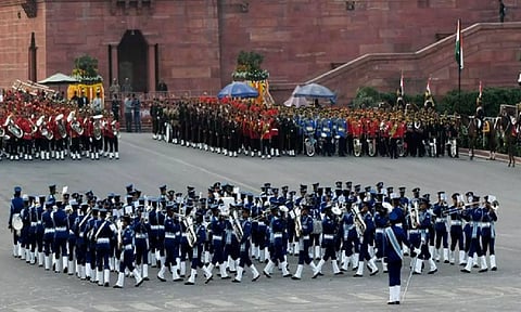 Tri-Services band during Beating Retreat full dress rehearsal at Vijay Chowk (ANI)