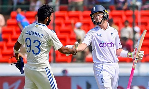 Jasprit Bumrah and England’s Ollie Pope during Day 4 of 1st Test match against India, at Rajiv Gandhi International Stadium in Hyderabad.(ANI)