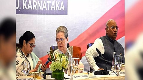 West Bengal Chief Minister Mamata Banerjee, Congress leaders Sonia Gandhi, Mallikarjun Kharge (ANI)
