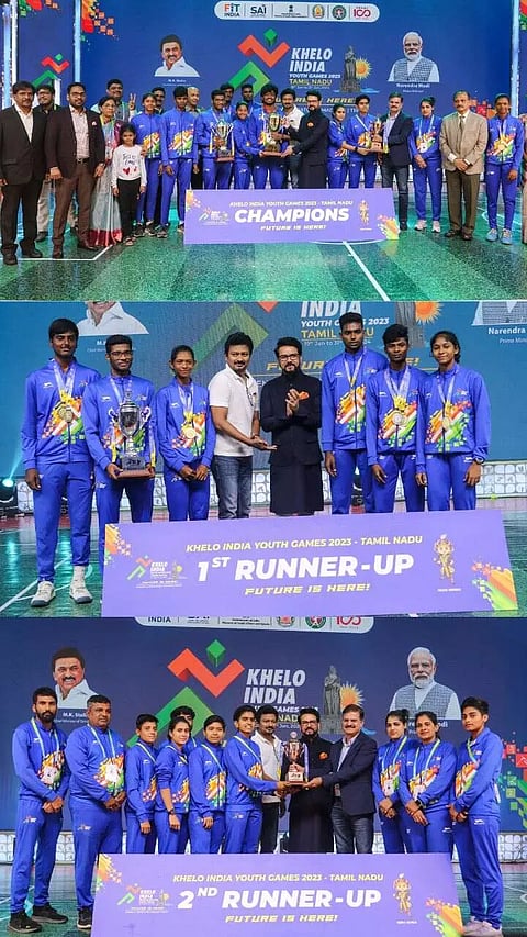 Celebrating the champions of KheloIndia! Union Sports Minister Anurag Thakur & TN Sports Minister Udhayanidhi Stalin honour the winners and runners & farewell to an amazing journey at the Khelo India Youth Games closing ceremony.