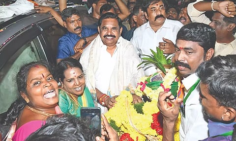 AIADMK cadre welcome general secretary Edappadi K Palaniswami at RK Nagar in Chennai on Wednesday