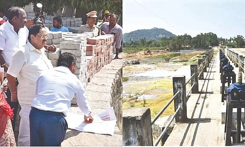 Minister Duraimurugan inspecting works on a bridge across Ponnai in Katpadi
