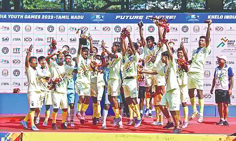 Elated Meghalaya football team celebrate atop the podium
