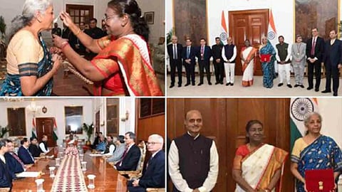 Finance Minister Nirmala Sitharaman with her ministers of State called President Droupadi Murmu (Images: X/Rashtrapati Bhavan