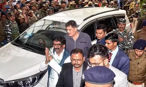 Former Jharkhand CM Hemant Soren gestures as he is produced before PMLA court in Ranchi on February 1. (AFP)