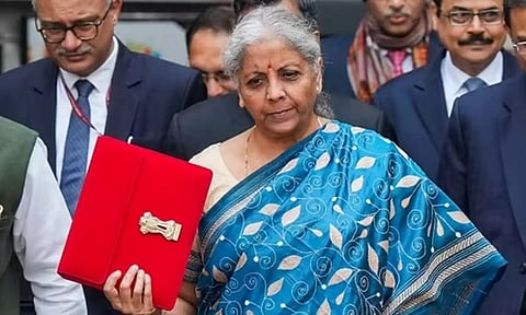 Union finance minister Nirmala Sitharaman carrying a folder-case containing the Interim Budget 2024 (PTI)