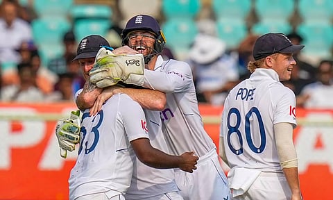 Rehan Ahmed with his teammates celebrates after taking the wicket of Rajat Patidar during the first day of the second Test cricket match between India and England. (PTI)