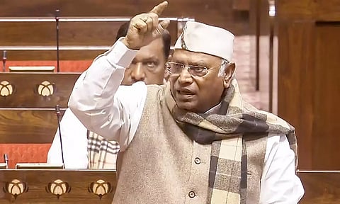 Leader of the Opposition in Rajya Sabha Mallikajun Kharge speaks during the Budget session of Parliament in New Delhi on Friday. (PTI)