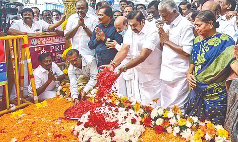 AIADMK general secretary Edappadi K Palaniswami, accompanied by his party leaders, paid homage to Annadurai