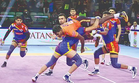 Action during UP Yoddhas and U Mumba in the PKL on Saturday