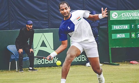 Ramkumar Ramanathan in action during the Davis Cup match against Pakistan