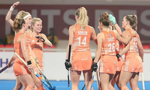 The Netherlands women's hockey team celebrating after a goal (IANS)