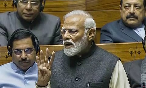 PM Modi replies to the 'Motion of Thanks' on the President's address in Lok Sabha during the Budget session of Parliament in New Delhi on Monday.