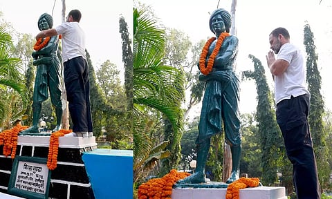 Congress leader Rahul Gandhi paying tribute to tribal leader Birsa Munda during his Bharat Jodo Nyay Yatra in Jharkhand (X/@Jairam_Ramesh)