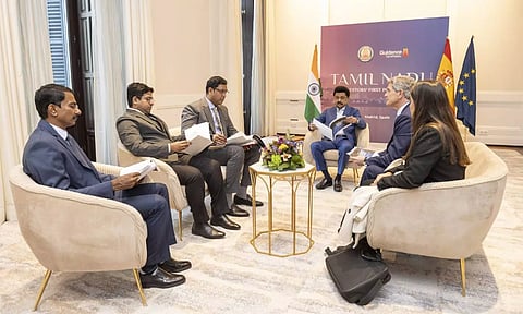 Tamil Nadu CM Stalin during a meeting with top executives from Spain's industrial giants in Spain. (X/@mkstalin)
