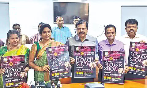 TNAU Vice-Chancellor V Geethalakshmi along with other faculty members announcing the conduct of flower show