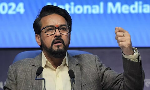 Union Minister Anurag Thakur briefs the media on Cabinet decisions at National Media Centre in New Delhi on Thursday.
