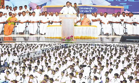 AIADMK general Palaniswami addressing party functionaries in Namakkal