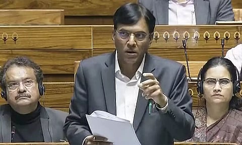 Union Minister Mansukh Mandaviya speaks in the Lok Sabha during the Budget session of Parliament, in New Delhi on Friday. (PTI)&nbsp;