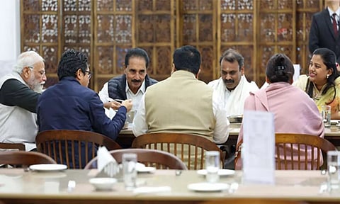 UDF MP NK Premachandran had lunch with PM Modi at the Parliament House canteen. (ANI)
