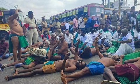 Farmers from Trichy in Tamil Nadu protest on roads. (ANI)