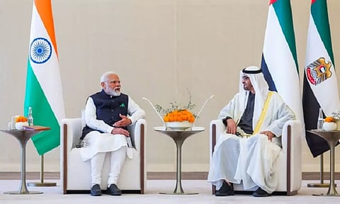 Prime Minister Narendra Modi hold with the UAE’s President Sheikh Mohamed bin Zayed Al Nahyan(PTI)