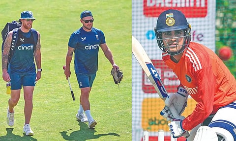 England captain Ben Stokes with head coach Brendon McCullum during a training session; Shubman Gill