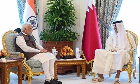 Prime Minister Narendra Modi with Qatari Emir Sheikh Tamim bin Hamad Al-Thani. (X/@narendramodi)